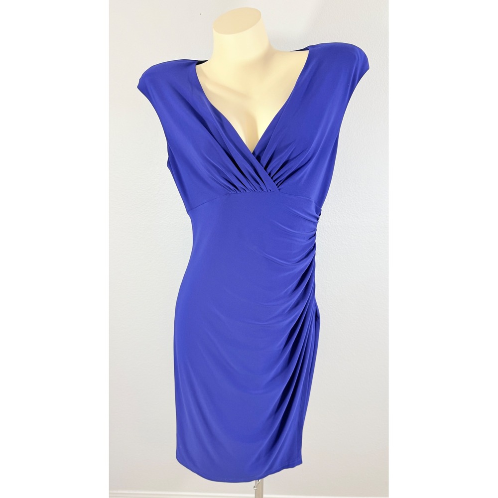 Lauren Ralph Lauren Royal Blue Cocktail Ruched V-Neck Sheath Dress Size 12